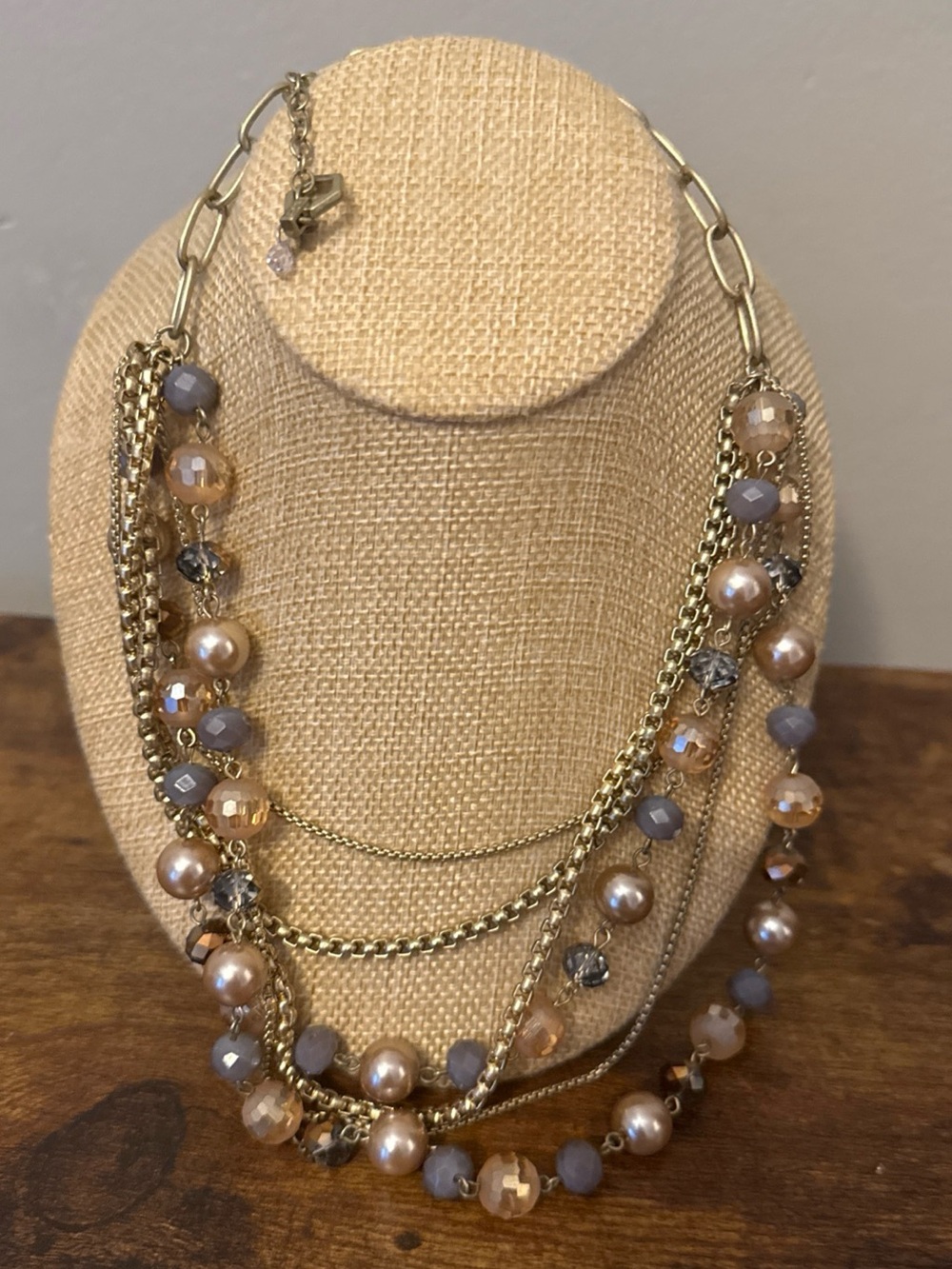 Layered Pearl and Bead Statement Necklace - Champagne and Gray